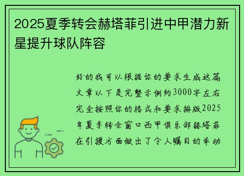 2025夏季转会赫塔菲引进中甲潜力新星提升球队阵容