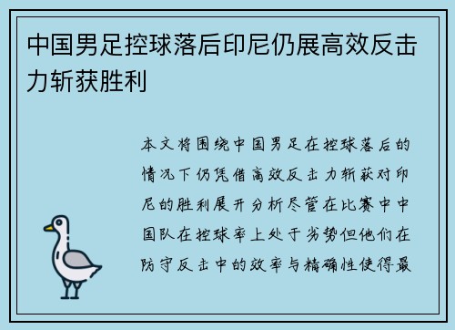 中国男足控球落后印尼仍展高效反击力斩获胜利